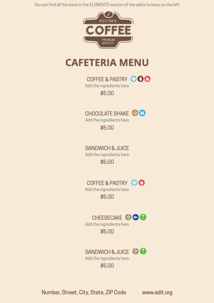 Templates of menus with allergens online editor