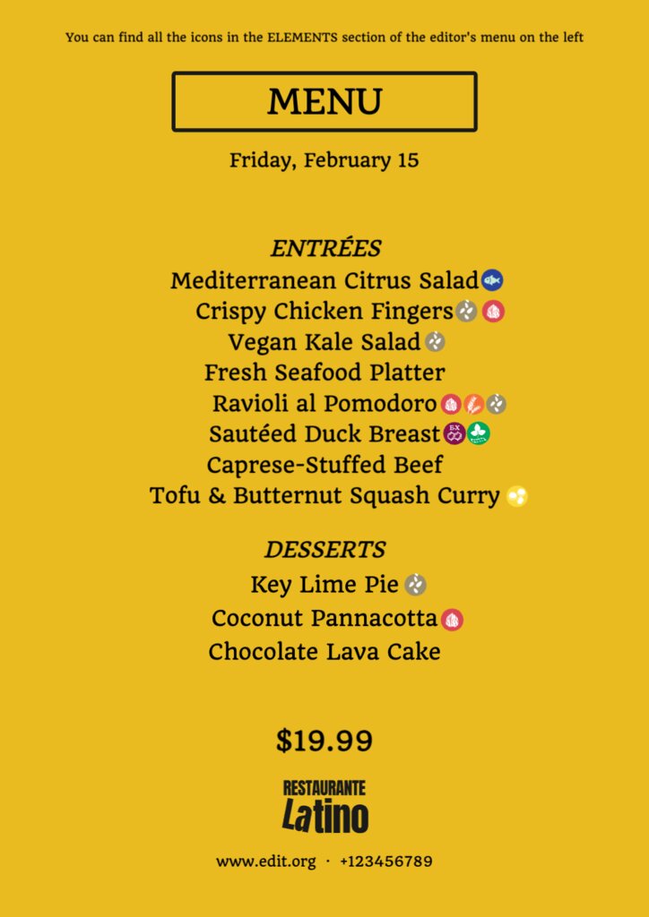 Templates of menus with allergens online editor