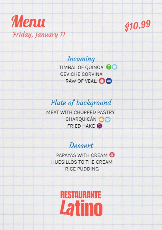 Templates of menus with allergens online editor