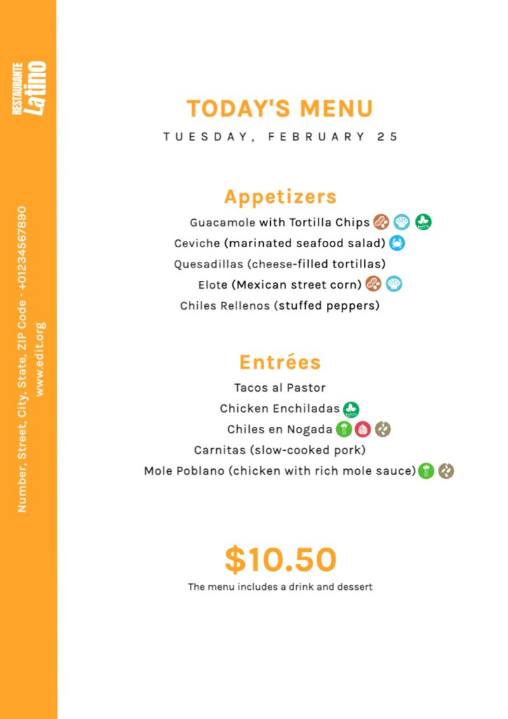 Templates of menus with allergens online editor