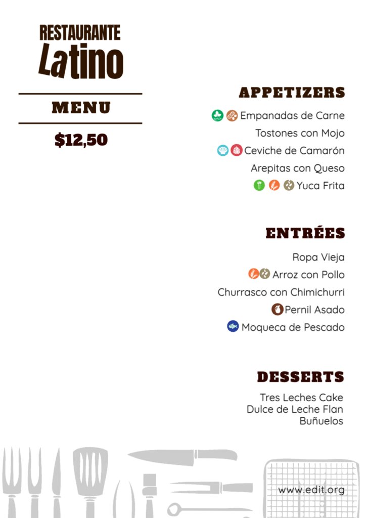 Templates of menus with allergens online editor