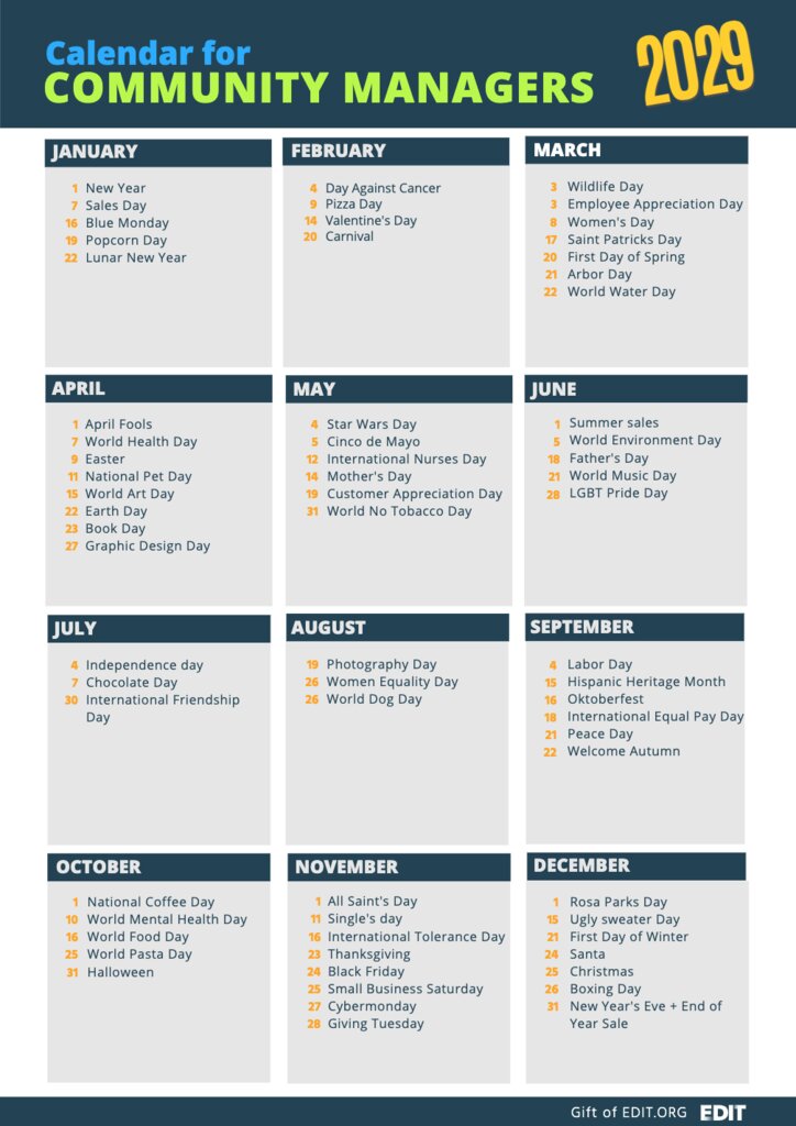 Calendario de Community Manager para 2021