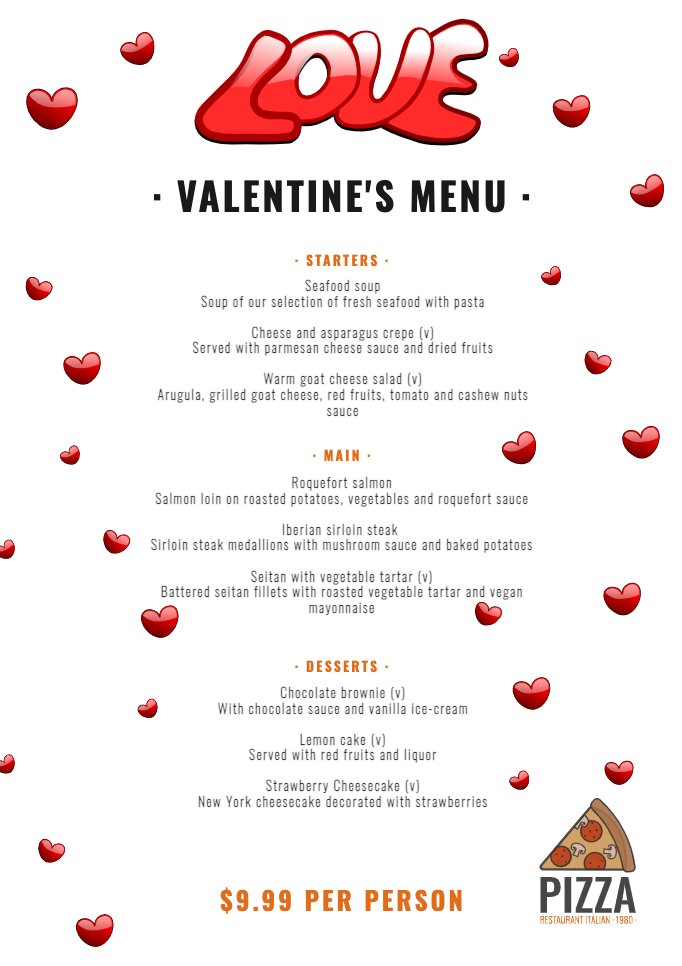 Valentine's Day and couples Restaurant Menu templates