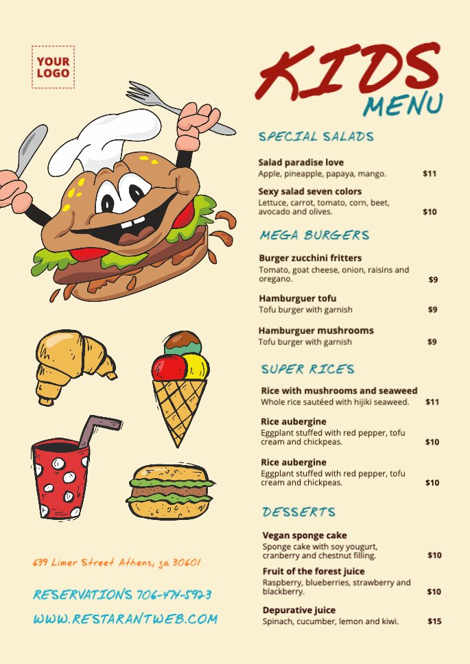 Kids menu templates for cafes and restaurants