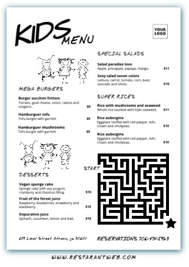 Kids menu templates for cafes and restaurants
