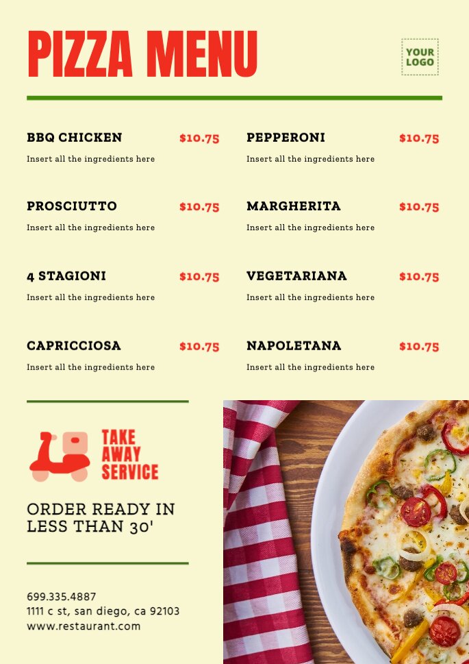 Online customizable pizza menu templates