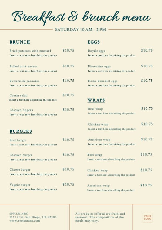 Editable Breakfast And Brunch Menu Templates