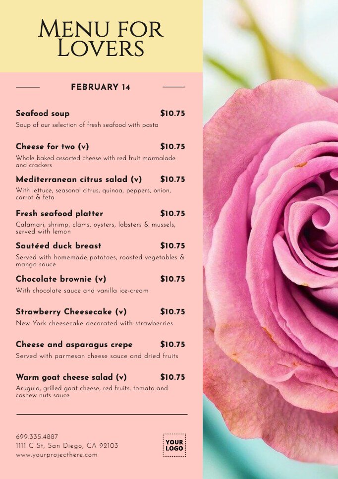 Valentine's Day restaurant menu templates