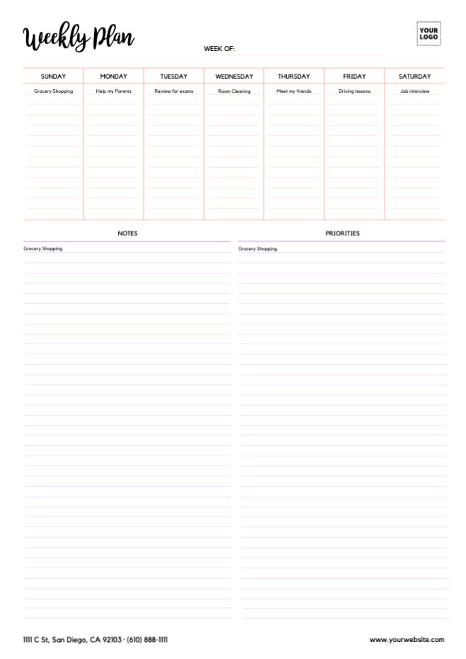Free customizable Weekly planners templates