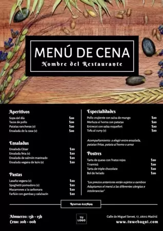 Edita un diseño de menú de cena