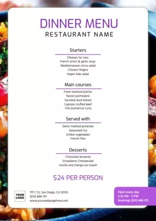Edite um design de menu de jantar