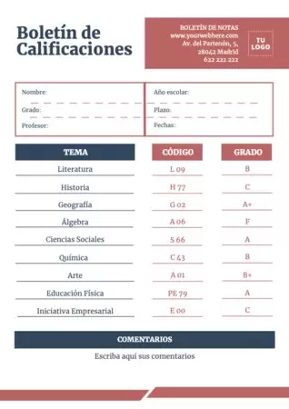 Edita un boletín de notas para alumnos