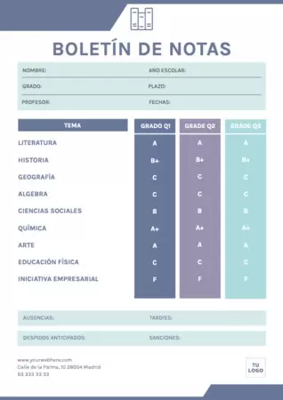 Edita un boletín de notas para alumnos