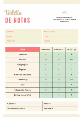 Edita un boletín de notas para alumnos