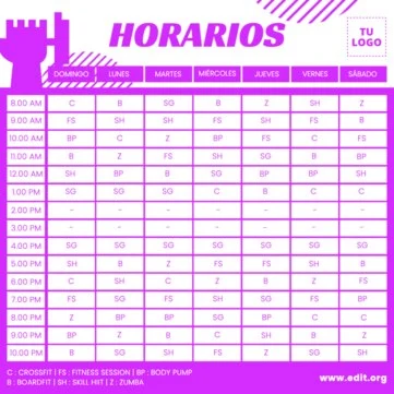 Edita tu horario de gimnasio