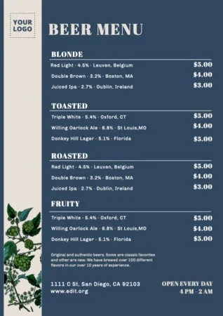 Edita un modello di menu per bevande