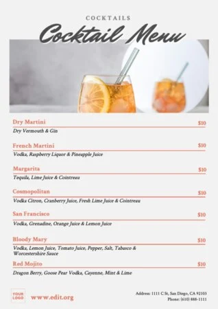 Edita un modello di menu per bevande