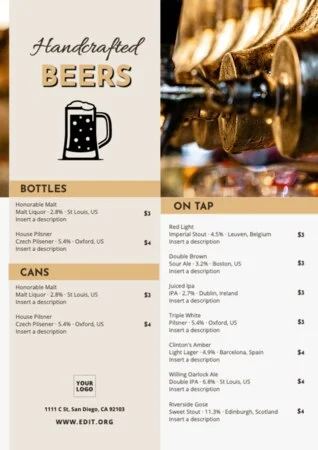 Edita un modello di menu per bevande