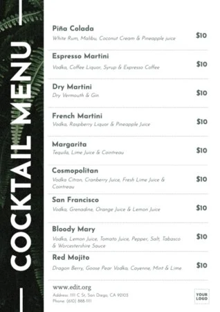 Edita un modello di menu per bevande