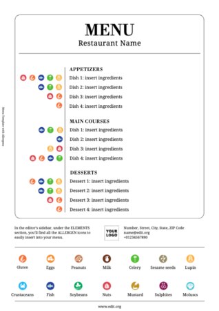 Editar meu menu com indicação de alérgenos