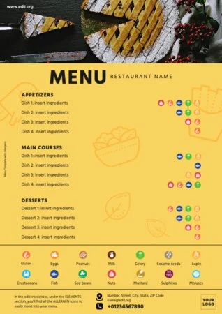 Editar meu menu com indicação de alérgenos