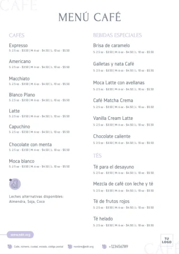 Edita un menú de cafés