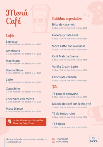 Edita un menú de cafés