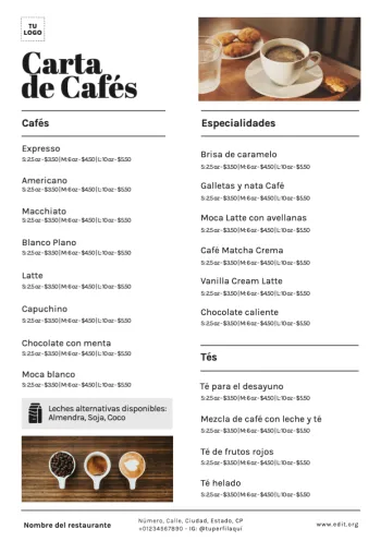 Edita un menú de cafés