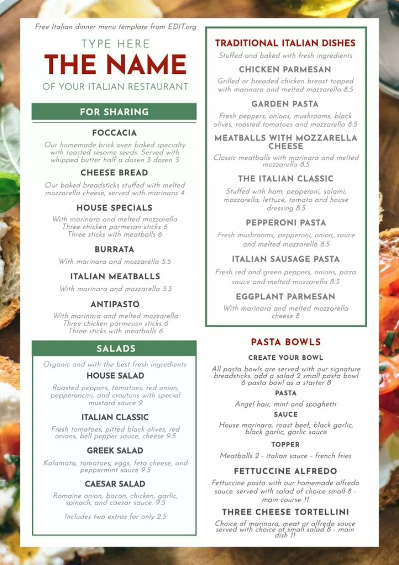 Editable free Trattoria restaurant menu template