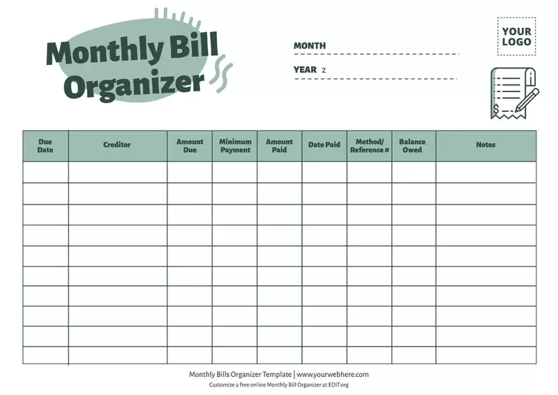 Templates of monthly bill organizer free