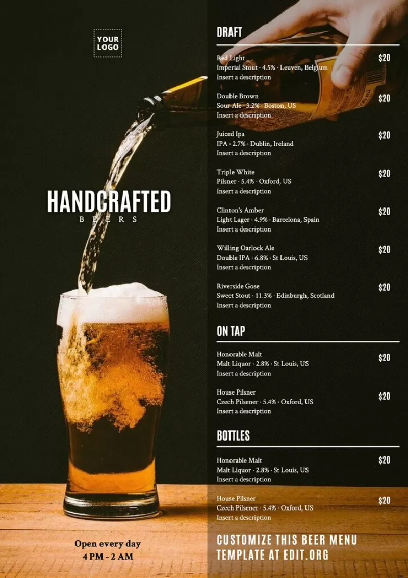 Handcrafted beer menu design template customizable online