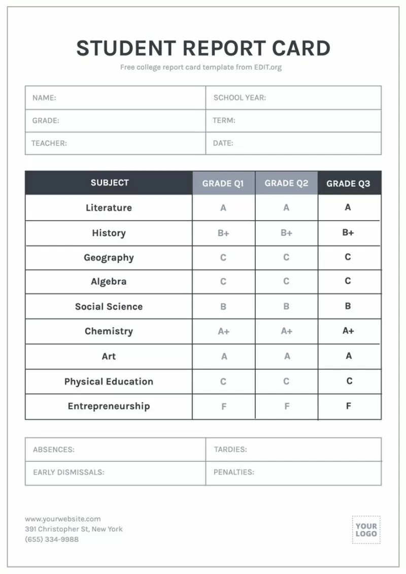 Printable school report card template
