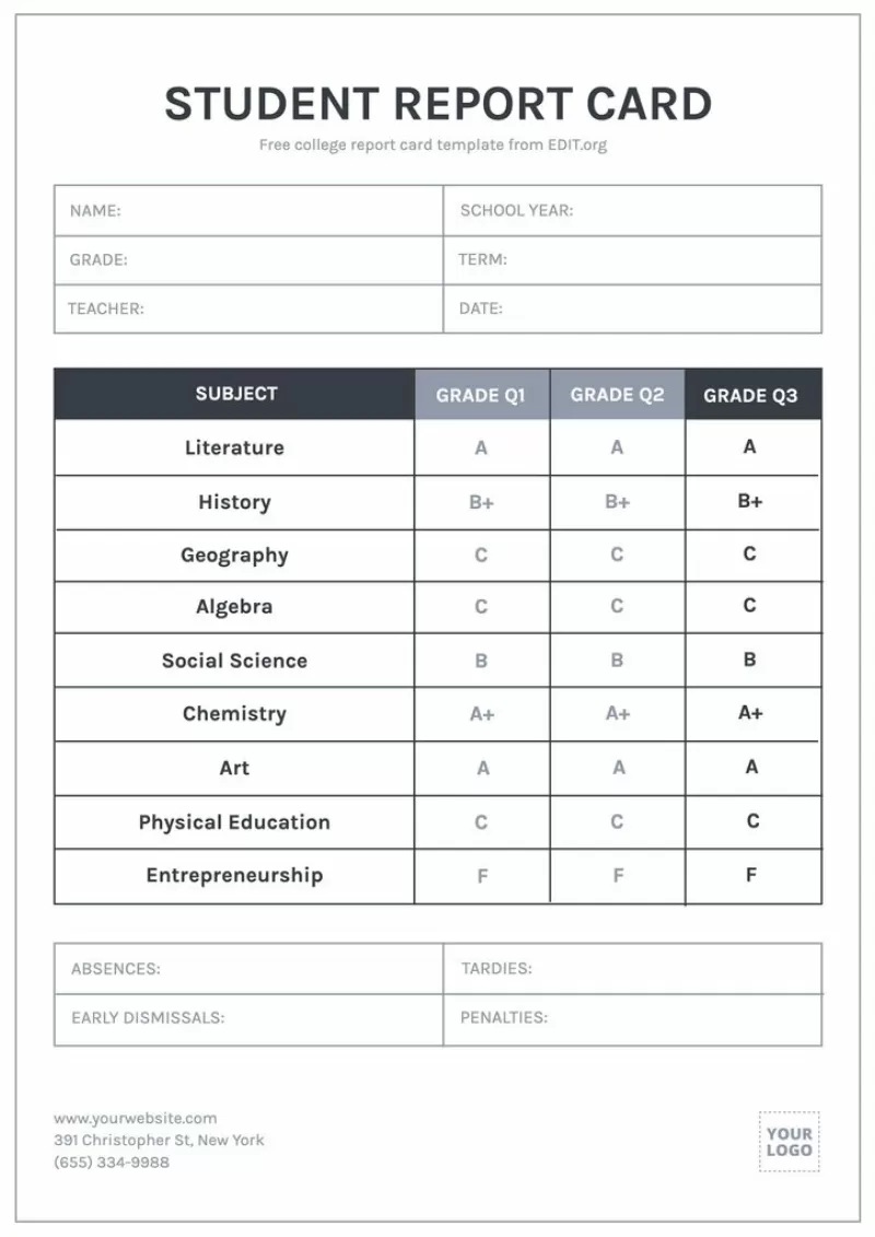 Customizable Student Report Card Templates