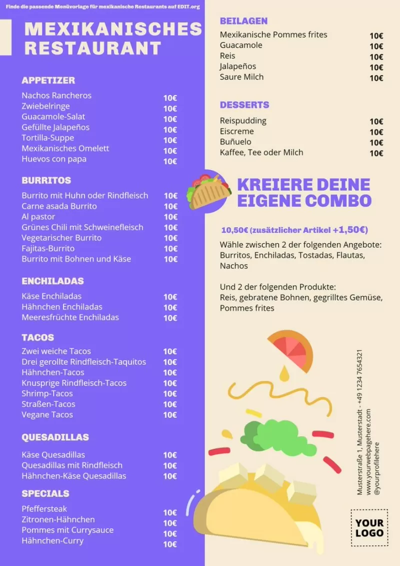 Kostenlos bearbeitbare Speisekarten für mexikanische Restaurants