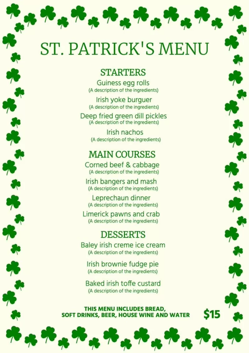 Saint Patrick's menu template to edit online and download