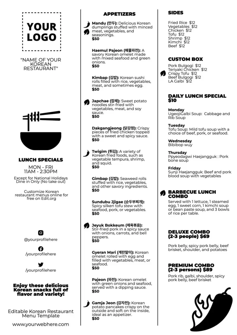 Printable menu template for Korean food