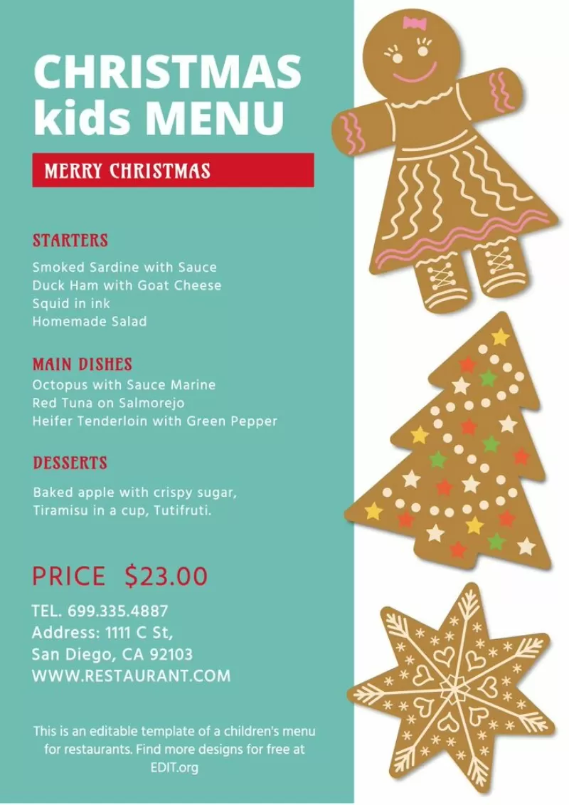 Christmas menu for kids for restaurants and cafes for free