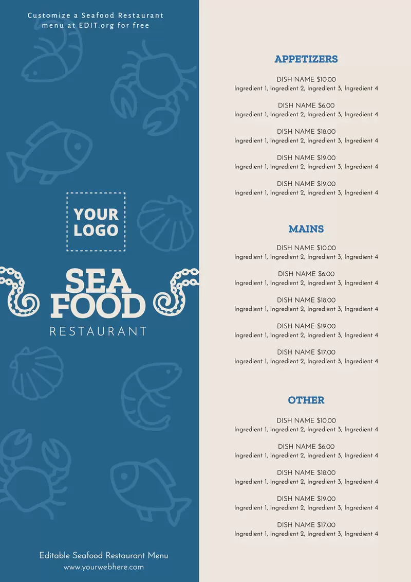 Customize free editable Seafood restaurant menu