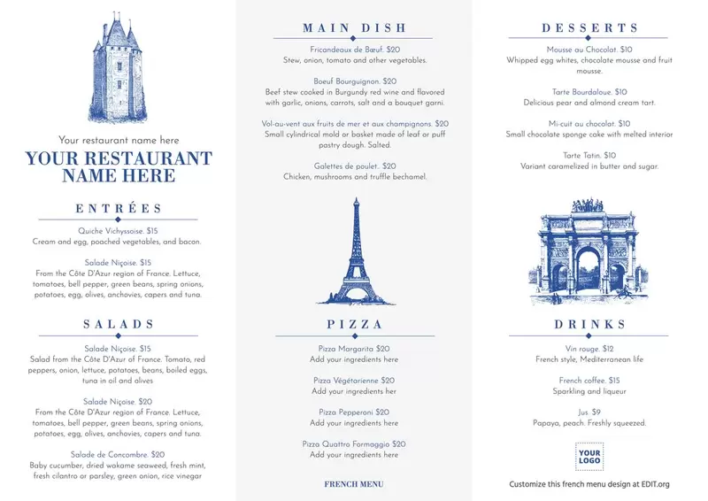 Design personalizzabile per il menu di un ristorante francese
