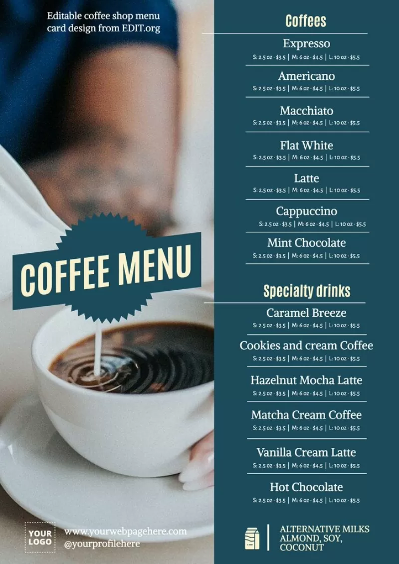 Modello editabile di un menu caffetteria