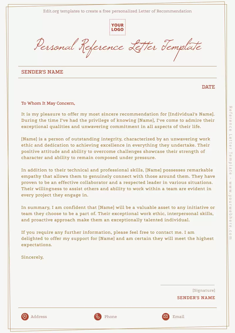 Printable personal Letter of Recommendation template online