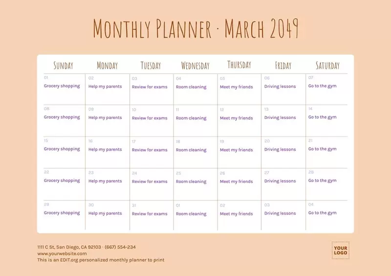 Modello di calendario mensile personalizzato da personalizzare