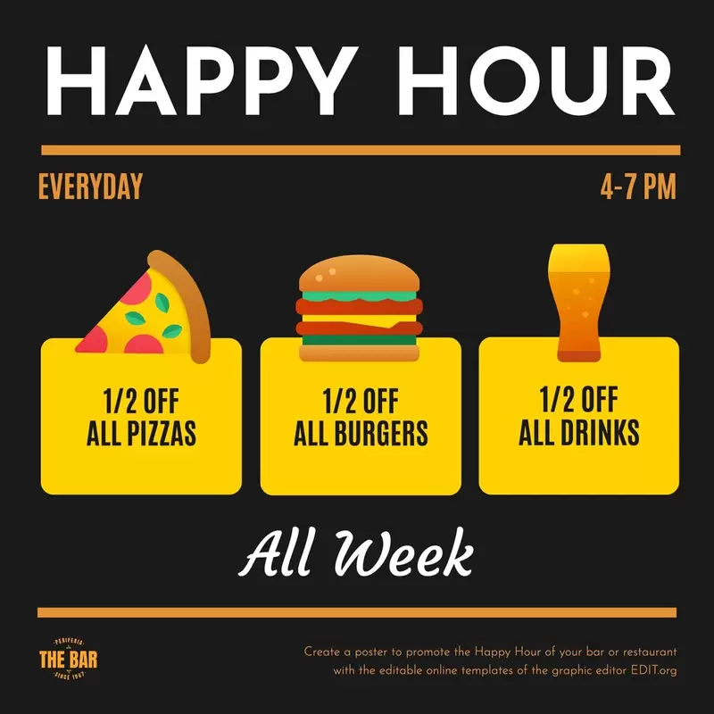 Happy hour template with beer, burger and pizza icons