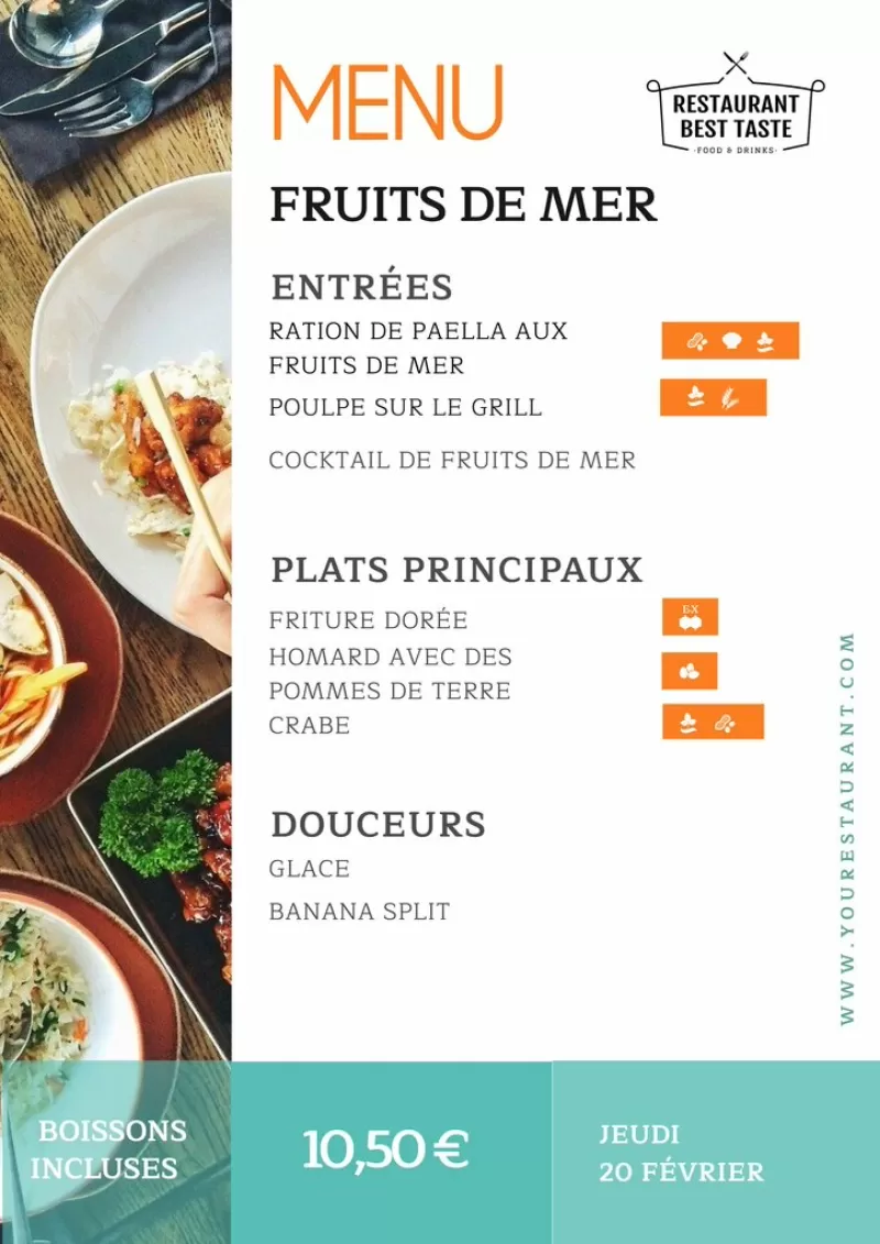 modèle éditable d'un menu de fruits de mer avec allergies alimentaires