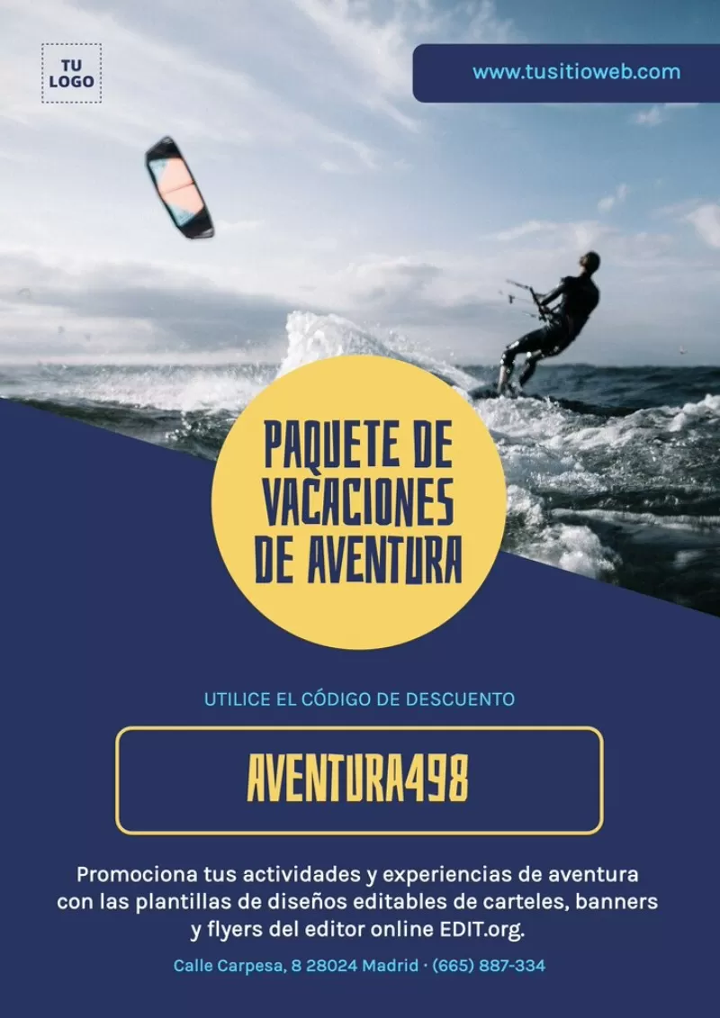 Cartel editable para promocionar  kitesurf y actividades de aventura