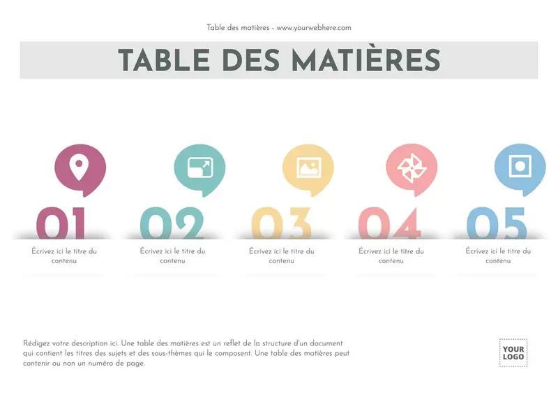 modèle horizontal de table des matières multi couleurs éditable en ligne 
