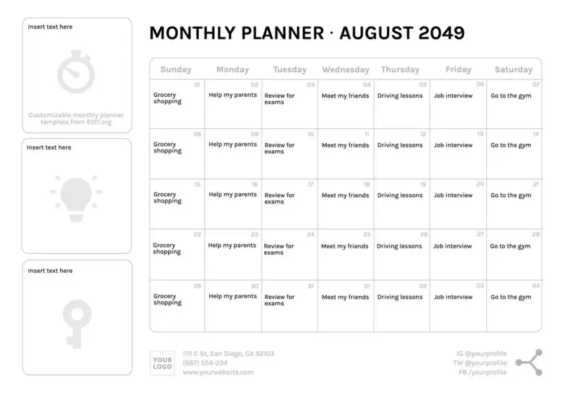 Modèle de calendrier mensuel personnalisable à imprimer