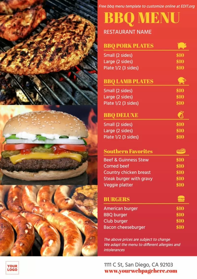 Printable barbecue restaurant menu template