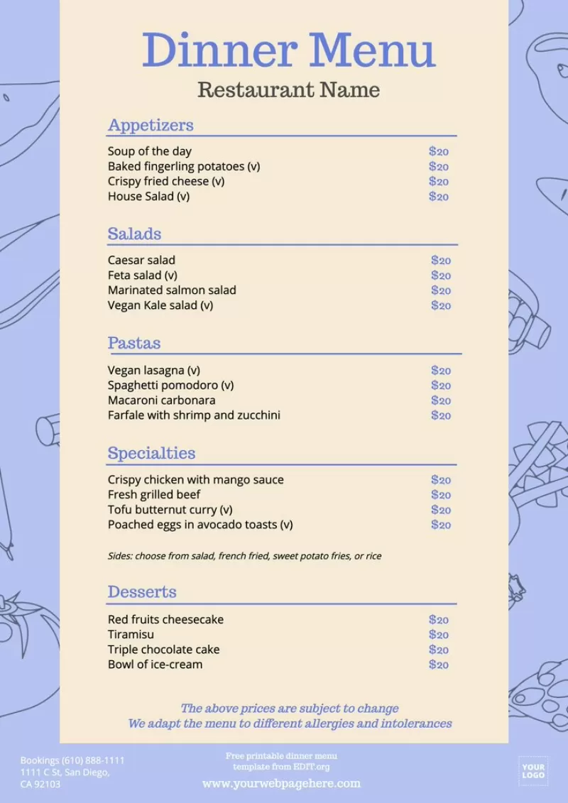 Design di menu per la cena stampabile gratuito