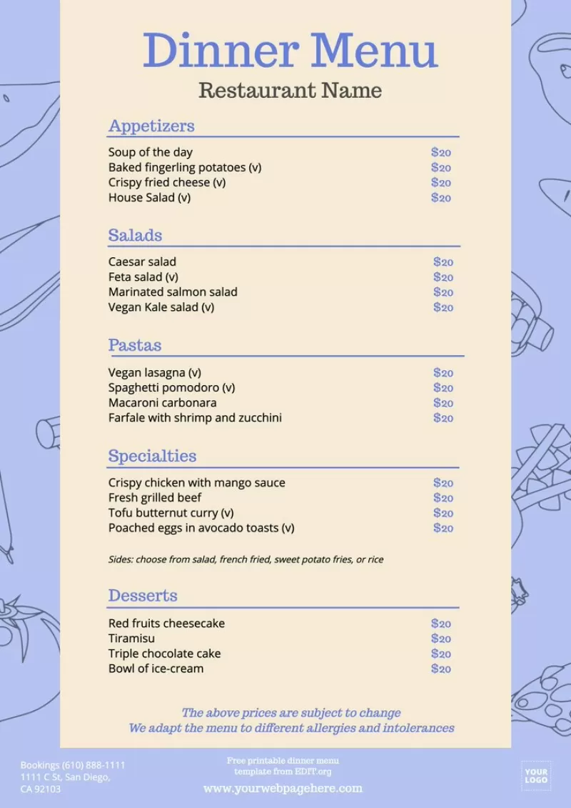 Free printable Dinner Menu templates